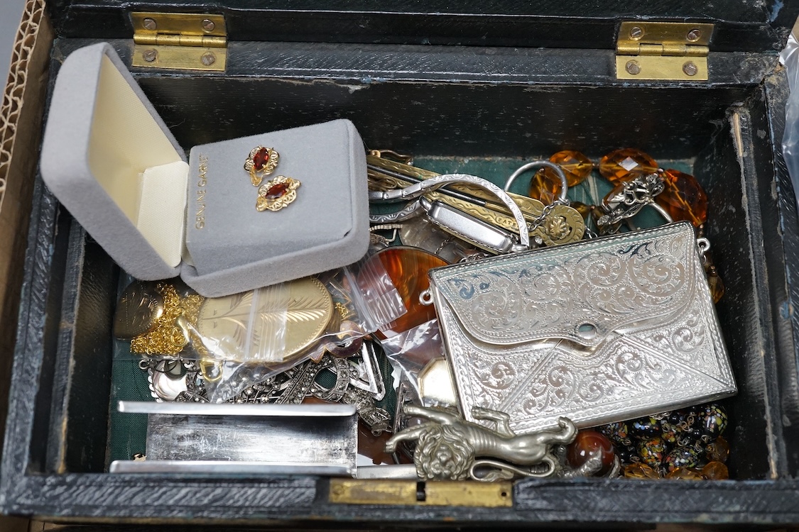 A quantity of assorted mainly costume jewellery, silver and other collectables including a George V engraved silver card case, Adie & Lovekin Ltd, Birmingham, 1913, pill boxes, vesta case, necklaces and writs watches.
